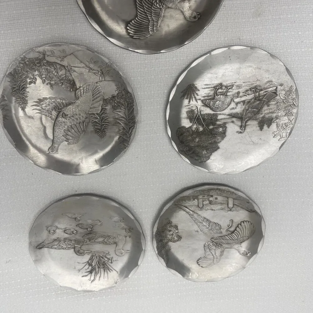Lot 5 Vintage Wendell August Turkey Duck Pheasent Trinket Tray Coasters Aluminum